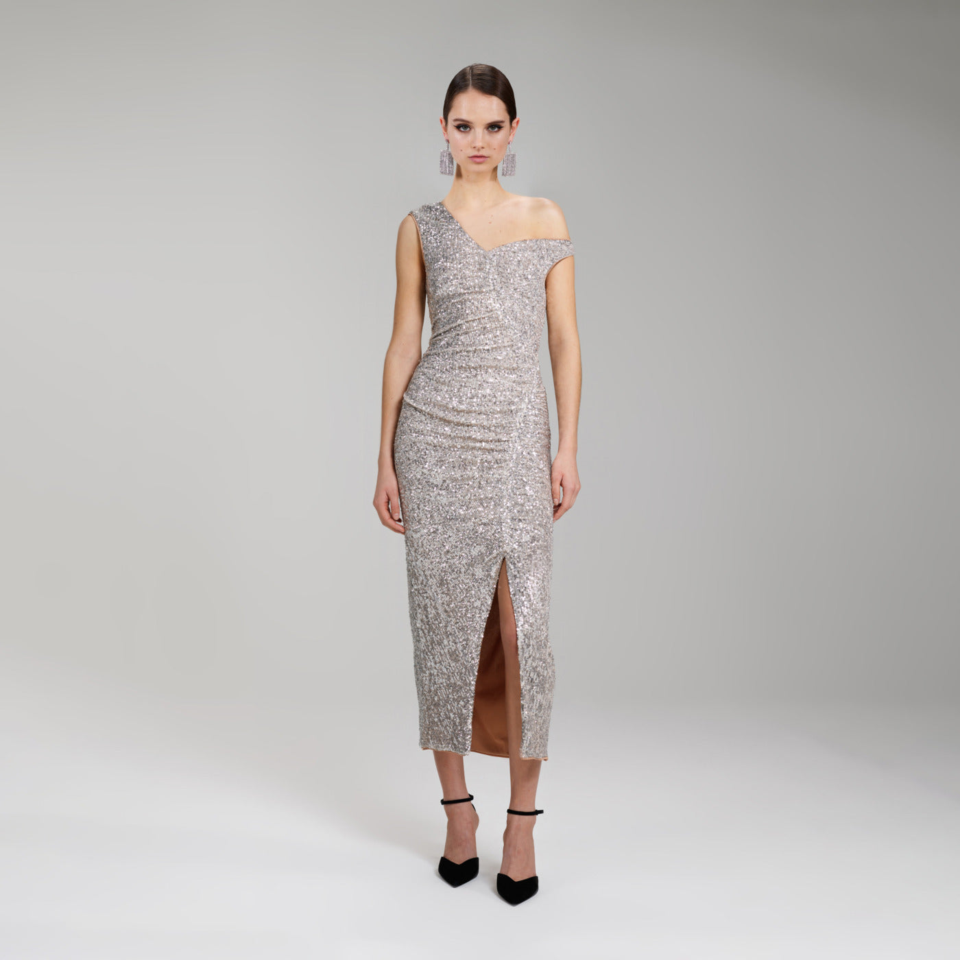 Sequin Gathered Asymmetric Midi Dress ...